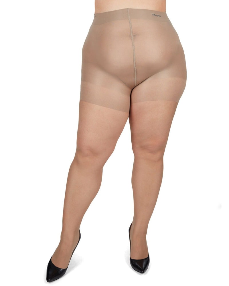 Front of a model wearing a size 1X-2X Energizing Plus Size Curvy Control Top Pantyhose in City Beige by Memoi. | dia_product_style_image_id:299750